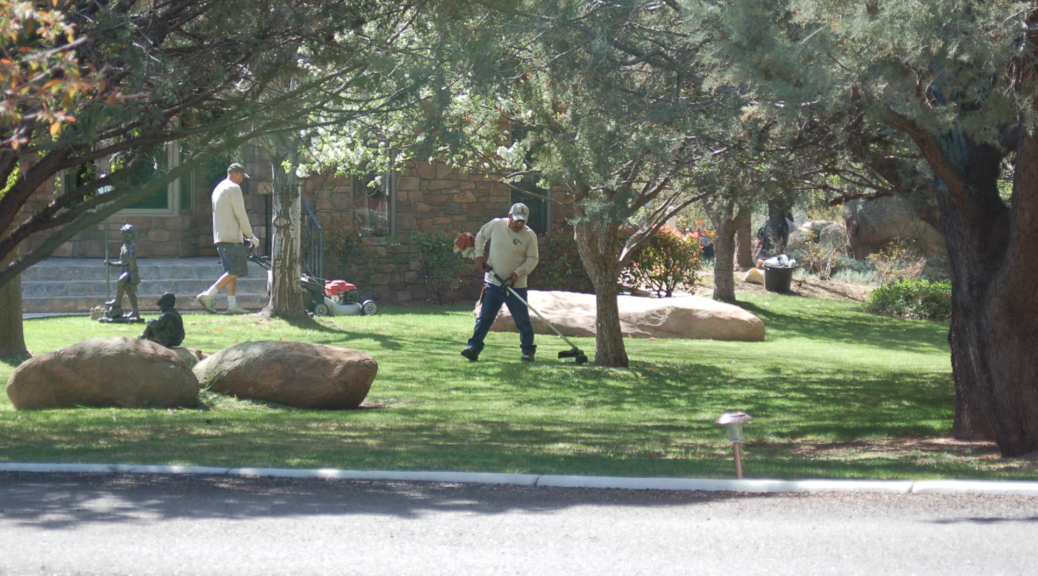 An image of two workers from Vicente Landscaping working on a Commercial Property.