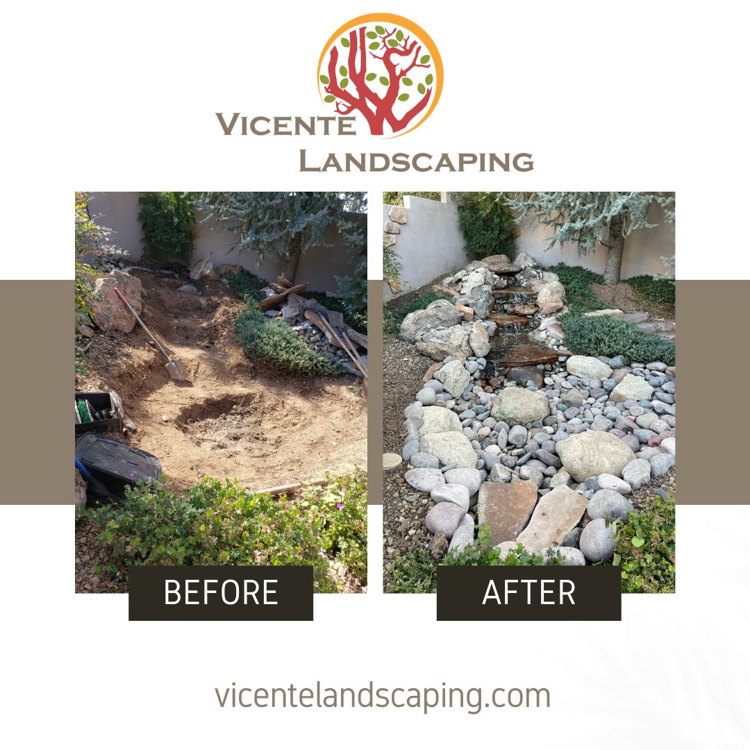 A before and after image of a water feature that was installed by Vicente Landscaping in Northern Arizona. The Vicente Landscaping logo and website is also on the image.